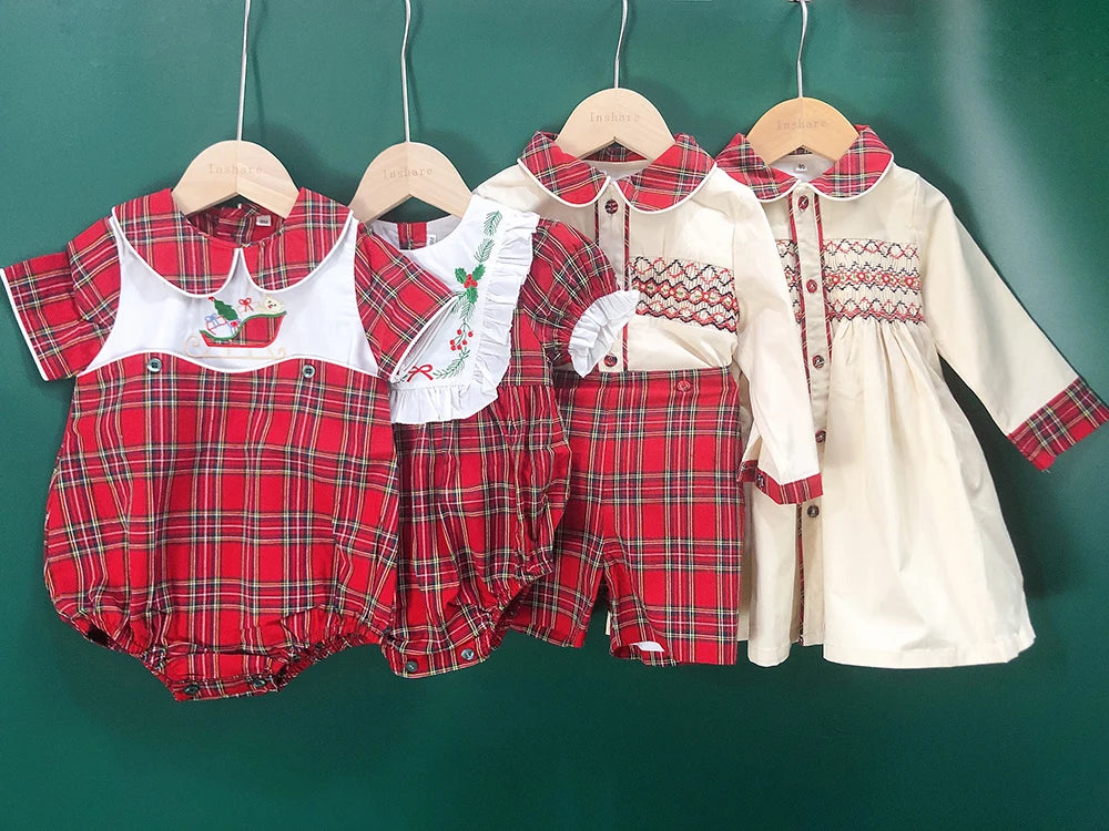 Children Holiday Clothing Boys and Girls Handmade Smocking Set and Dress Siblings Red Plaid Cotton Long Sleeve Holiday Outfits