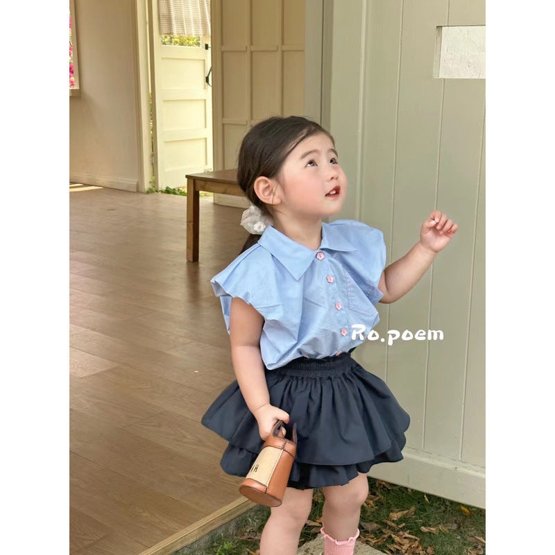 Children Clothing Set Girls Single Breasted Sleeveless Top and Culottes 2023 New Summer Fashionable Casual Sweet Two Piece Set