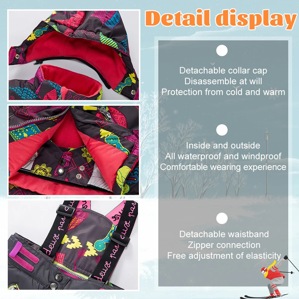 Children's Skisuits Boys Girls Winter Windproof Waterproof Warm Fleece Hooded Jacket Pants Skiing Suits Snowboarding Sports Wear