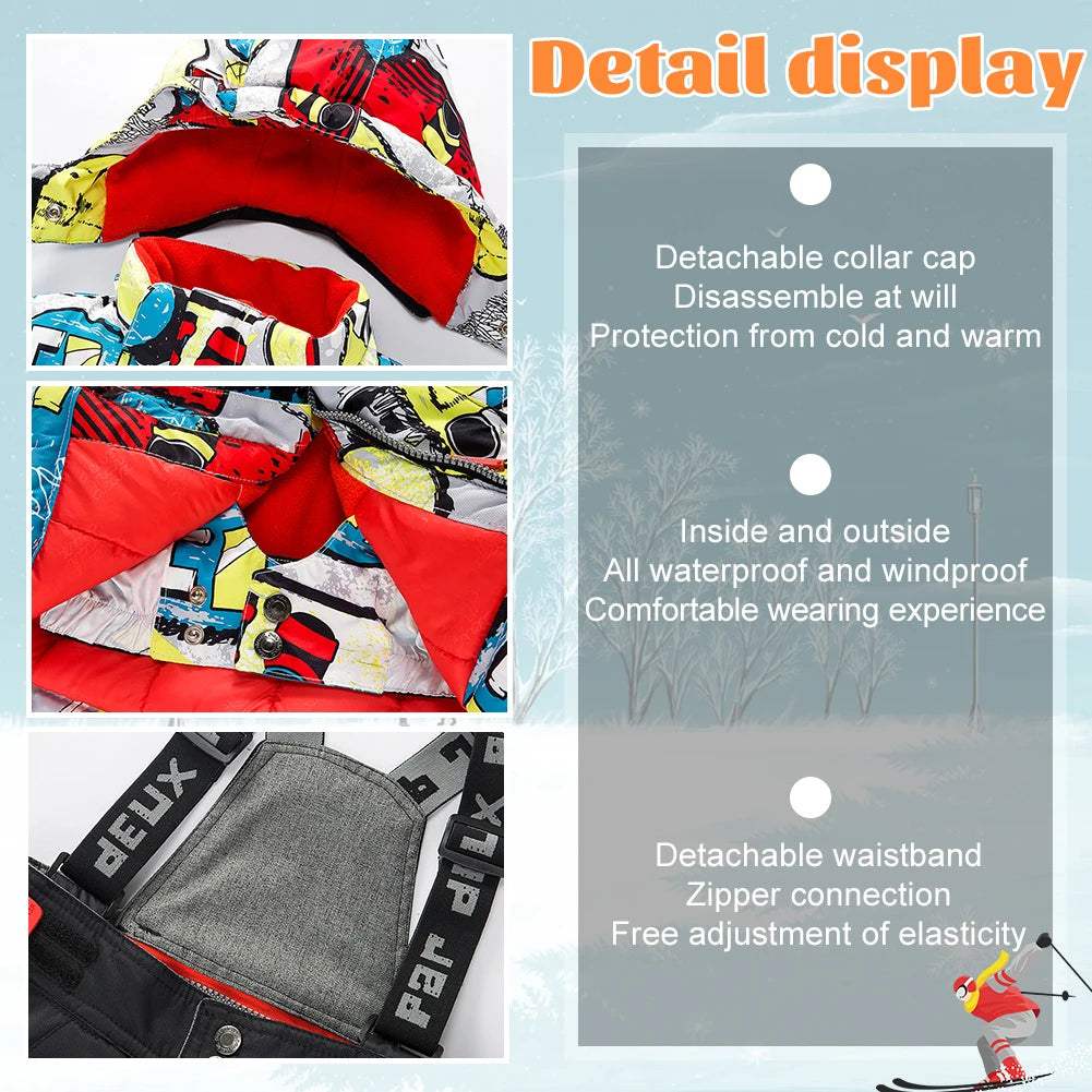 Children's Skisuits Boys Girls Winter Windproof Waterproof Warm Fleece Hooded Jacket Pants Skiing Suits Snowboarding Sports Wear