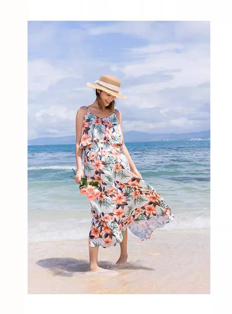 Family Look Vacation Beach Clothing Mom Daughter Sleeveless Dress Dad Son Matching Floral Shirt Set Parent Child Holiday Clothes