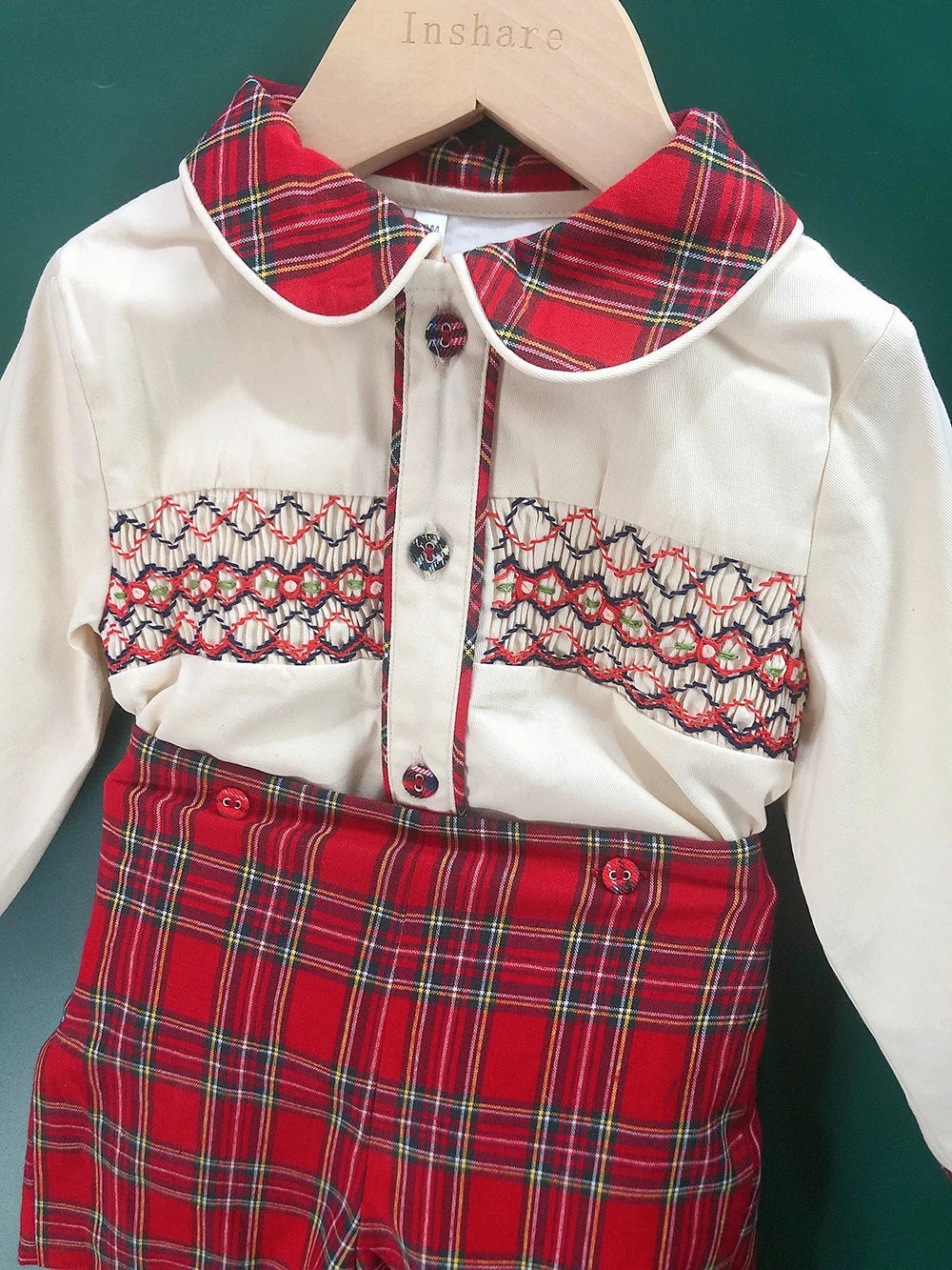 Children Holiday Clothing Boys and Girls Handmade Smocking Set and Dress Siblings Red Plaid Cotton Long Sleeve Holiday Outfits