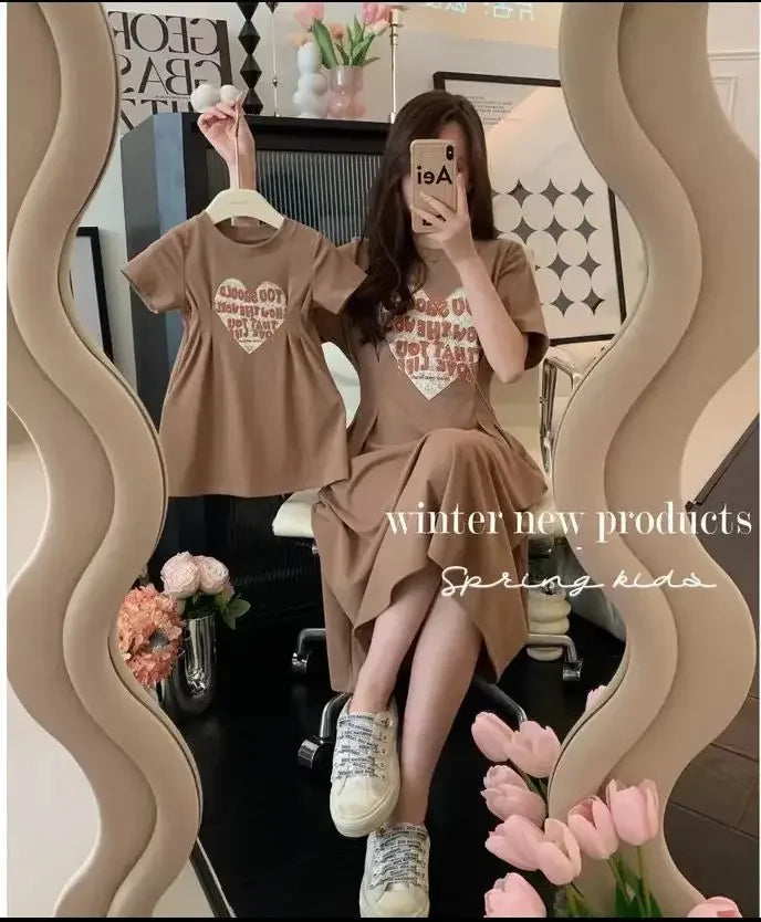 2025 New Korean Family Clothing Summer Fashion Solid Color Printed Love Mother and Daughter Short Sleeve Casual Dress