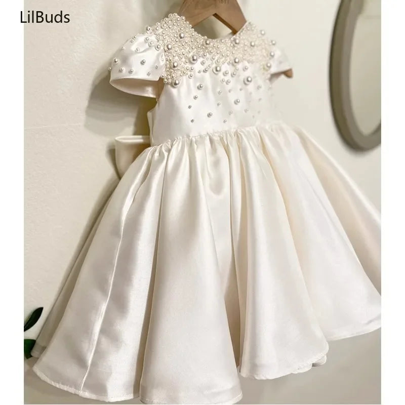 High End Handmade Baby Girl White Satin Dress Elegant Toddler Princess Dresses forCute Vestidos Birthday Party Wedding Clothes