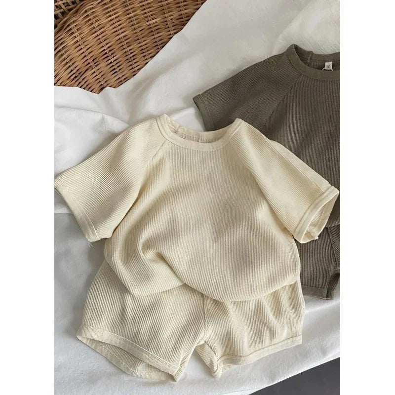 Children Clothing Set Korean Style Boys and Girls Short Sleeve Waffler Suit Muslin Baby Casual Kids Simple Solid Color Two Piece
