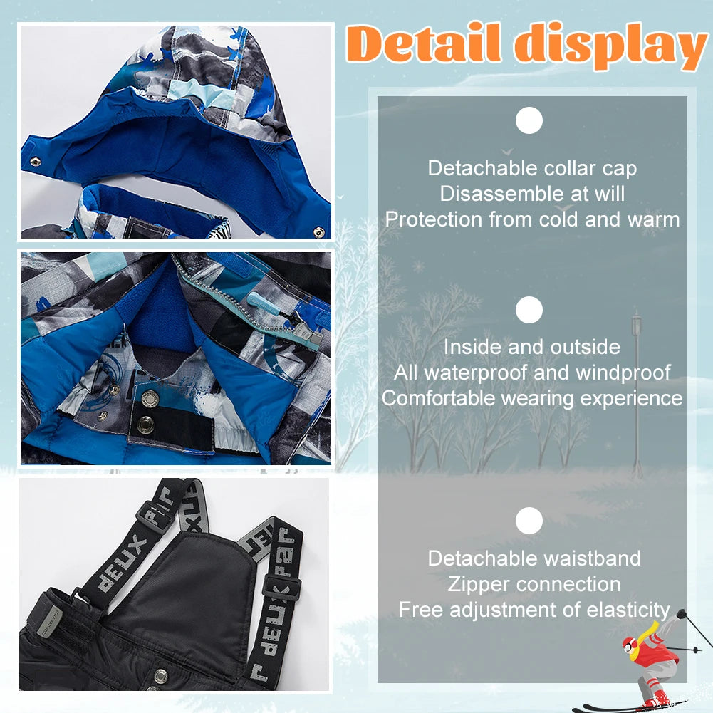 Children's Skisuits Boys Girls Winter Windproof Waterproof Warm Fleece Hooded Jacket Pants Skiing Suits Snowboarding Sports Wear