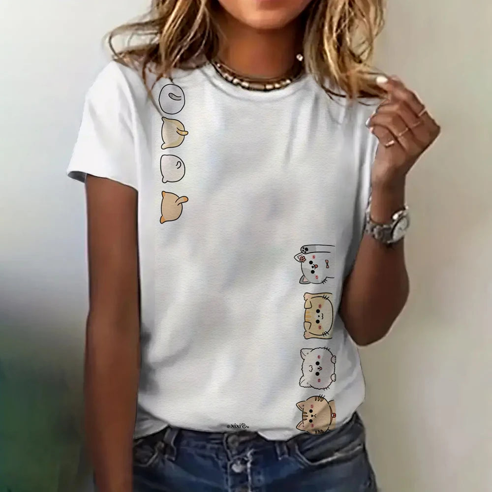 Women's Clothing Cute T-shirt Summer Crewneck Short Sleeve Cat Pattern Top Loose Casual Comfortable Clothing Women's T-shirt