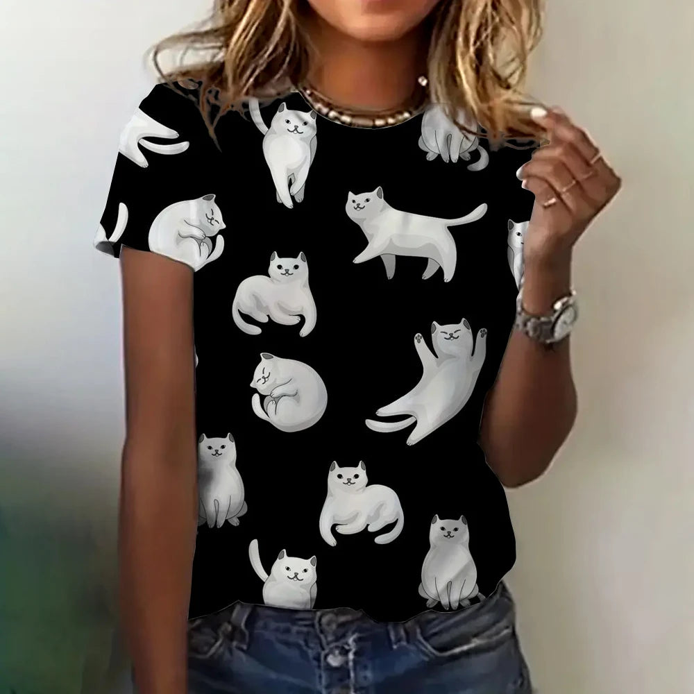 Women's Clothing Cute T-shirt Summer Crewneck Short Sleeve Cat Pattern Top Loose Casual Comfortable Clothing Women's T-shirt