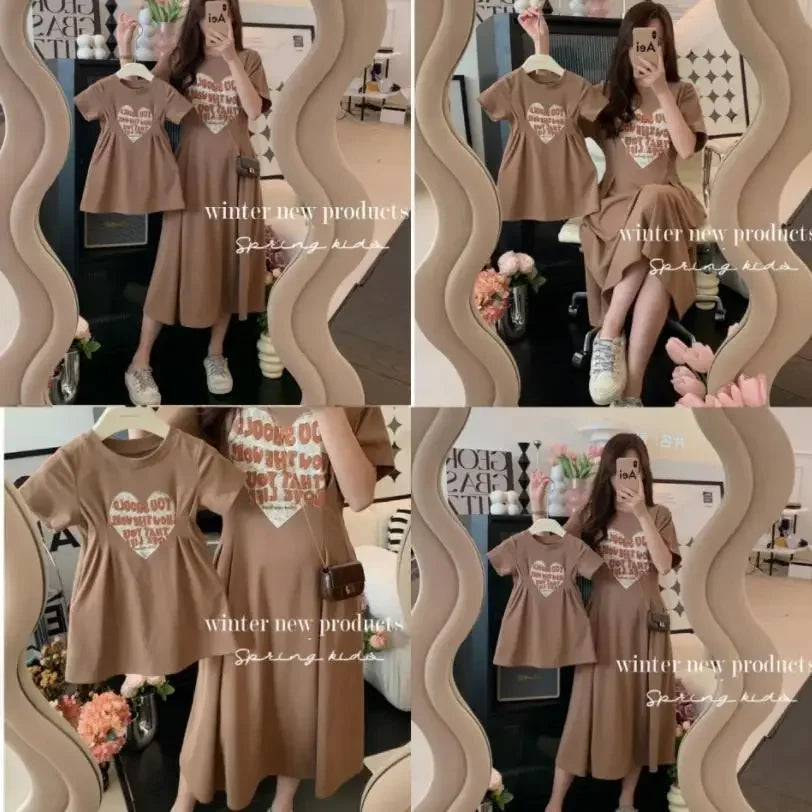 2025 New Korean Family Clothing Summer Fashion Solid Color Printed Love Mother and Daughter Short Sleeve Casual Dress