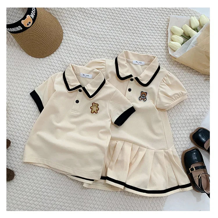 Family Clothing 2025 SummerFather Son T Shirt Mother Daughter Girl Dresses Women Dress Bear Brother and Sister Matching Clothes
