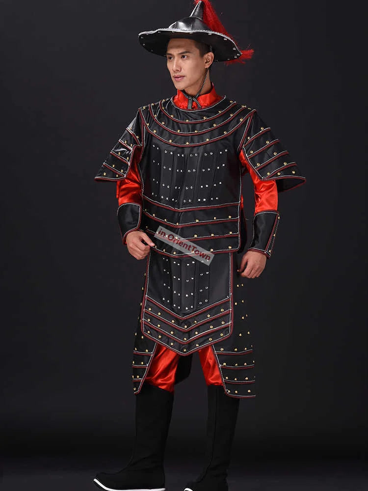 Ancient China Nan Bei and Ming Dynasty Clothing Male General Armor Stage Costume Black Warrior Battle Robe Performance Costume