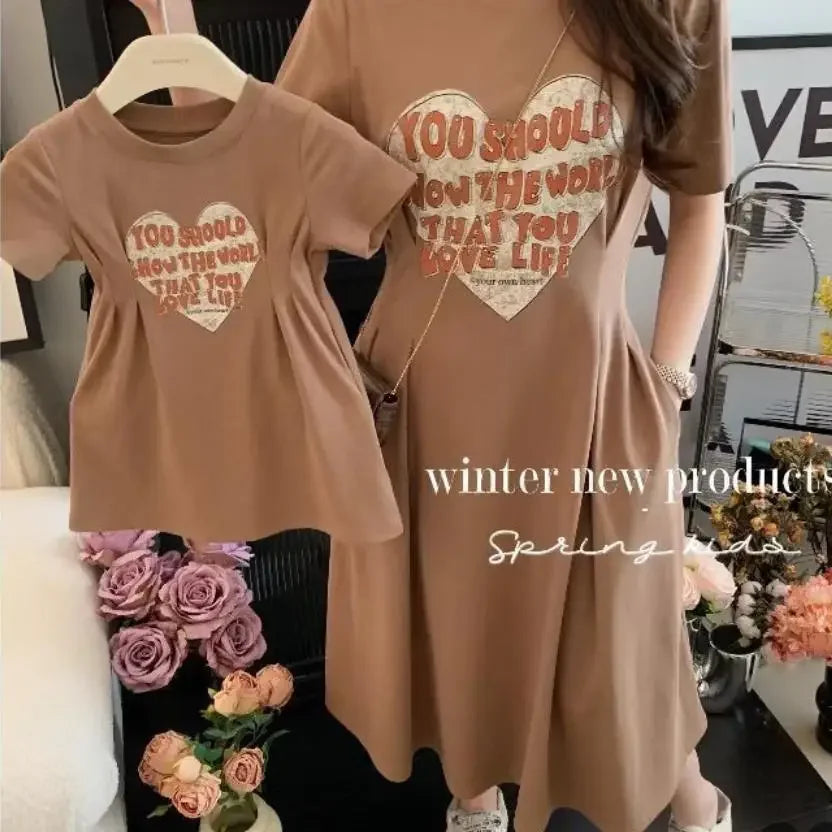 2025 New Korean Family Clothing Summer Fashion Solid Color Printed Love Mother and Daughter Short Sleeve Casual Dress