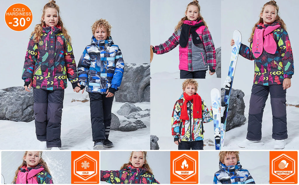 Children's Skisuits Boys Girls Winter Windproof Waterproof Warm Fleece Hooded Jacket Pants Skiing Suits Snowboarding Sports Wear