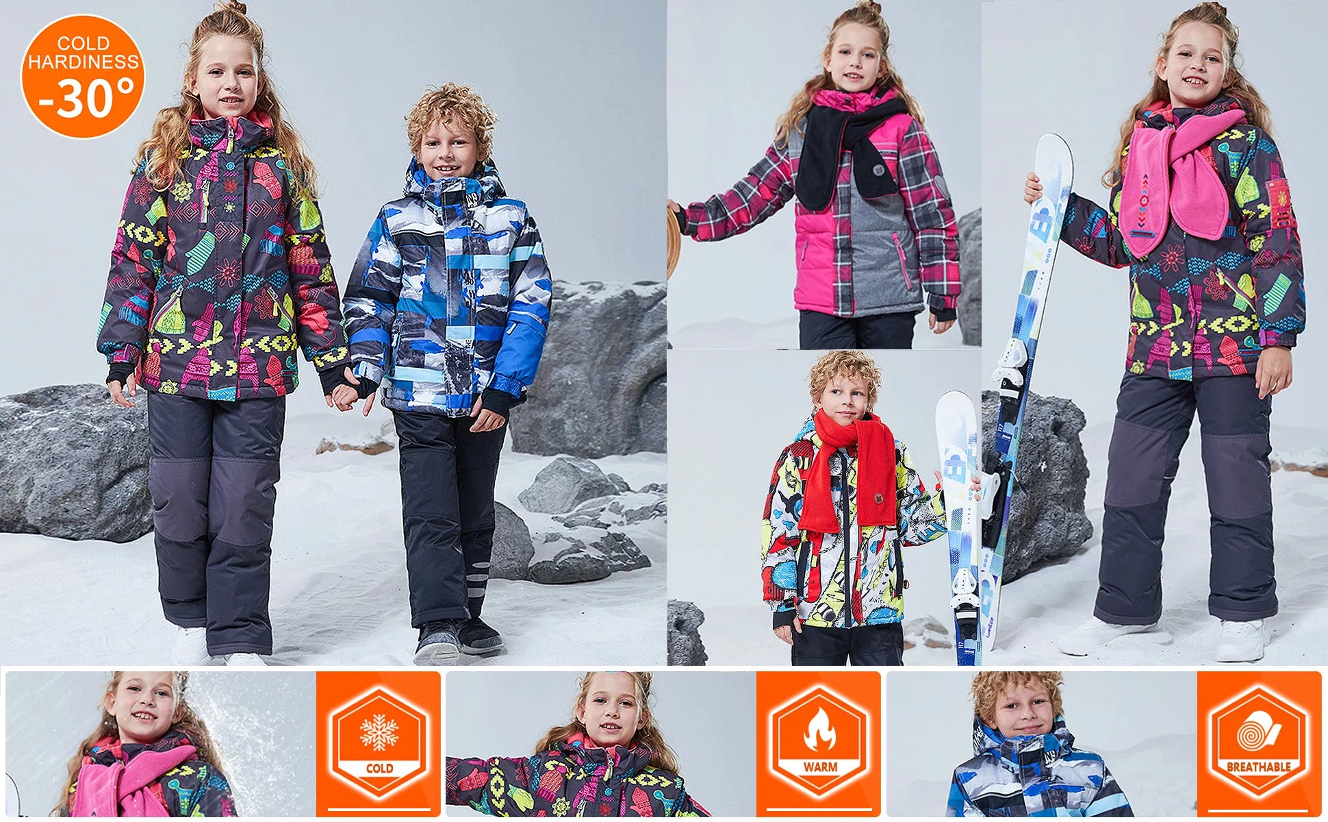 Children's Skisuits Boys Girls Winter Windproof Waterproof Warm Fleece Hooded Jacket Pants Skiing Suits Snowboarding Sports Wear