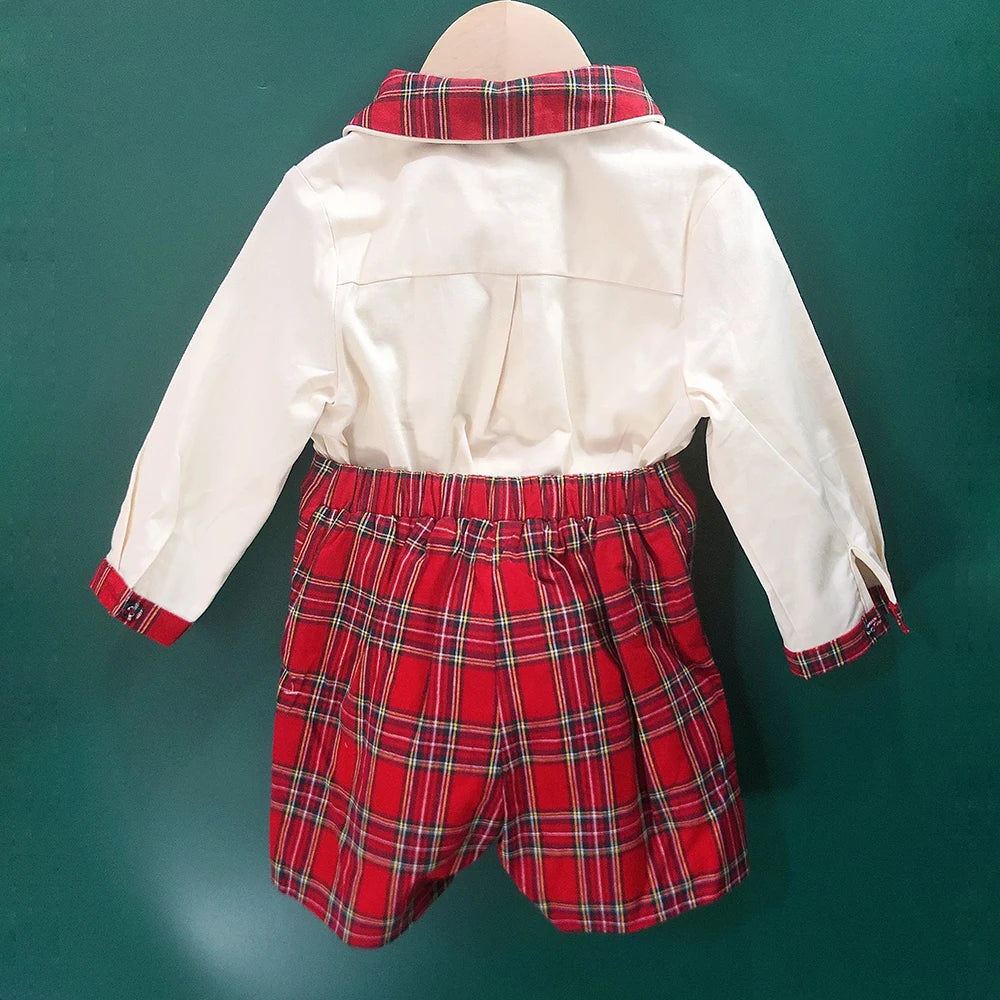 Children Holiday Clothing Boys and Girls Handmade Smocking Set and Dress Siblings Red Plaid Cotton Long Sleeve Holiday Outfits