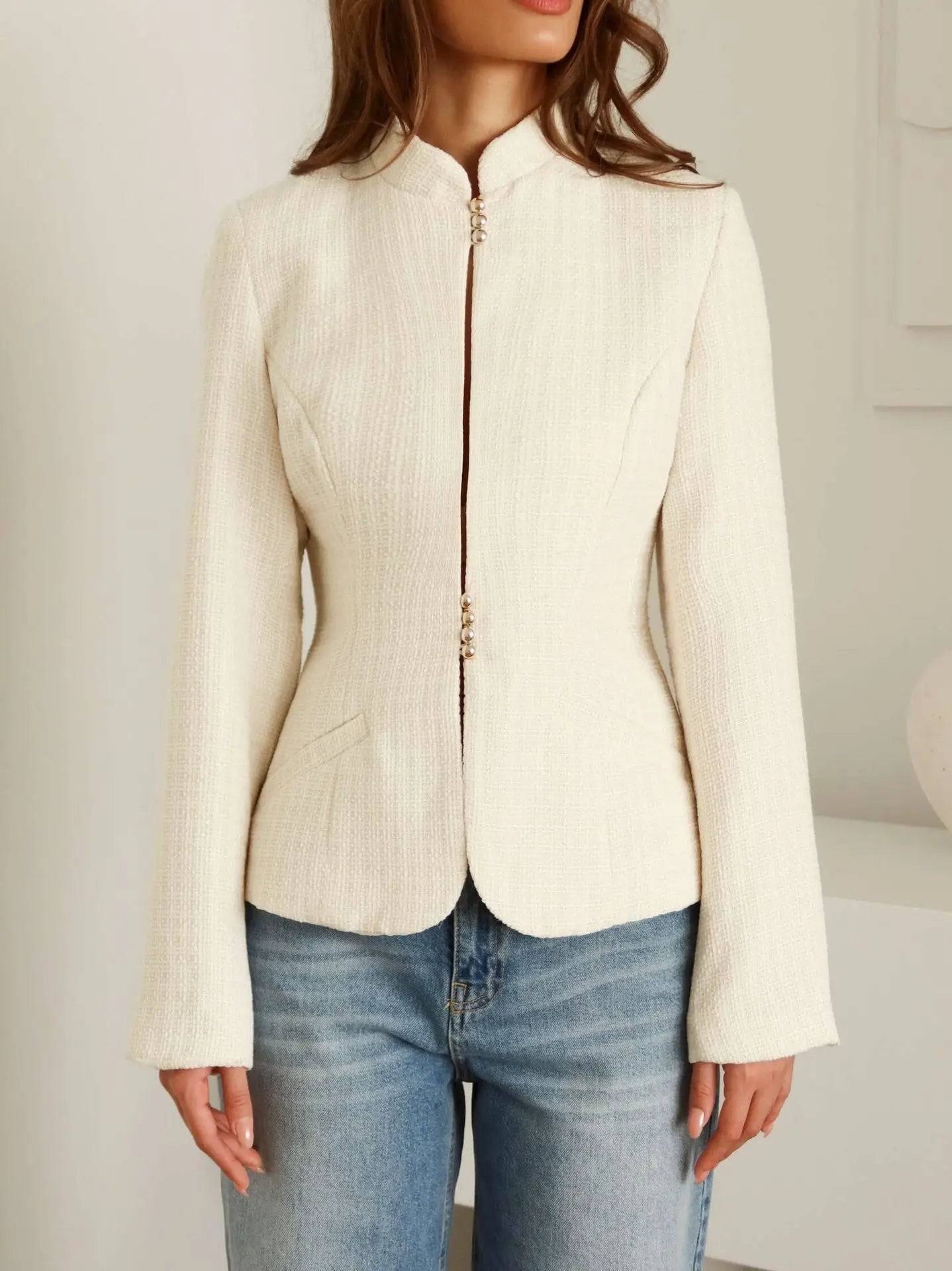 Women's Clothing 2026 Spring New Temperament Stand-up Collar Design Sense Slim Casual Suit Small Blazer
