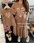 2025 New Korean Family Clothing Summer Fashion Solid Color Printed Love Mother and Daughter Short Sleeve Casual Dress