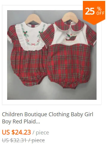 Children Holiday Clothing Boys and Girls Handmade Smocking Set and Dress Siblings Red Plaid Cotton Long Sleeve Holiday Outfits
