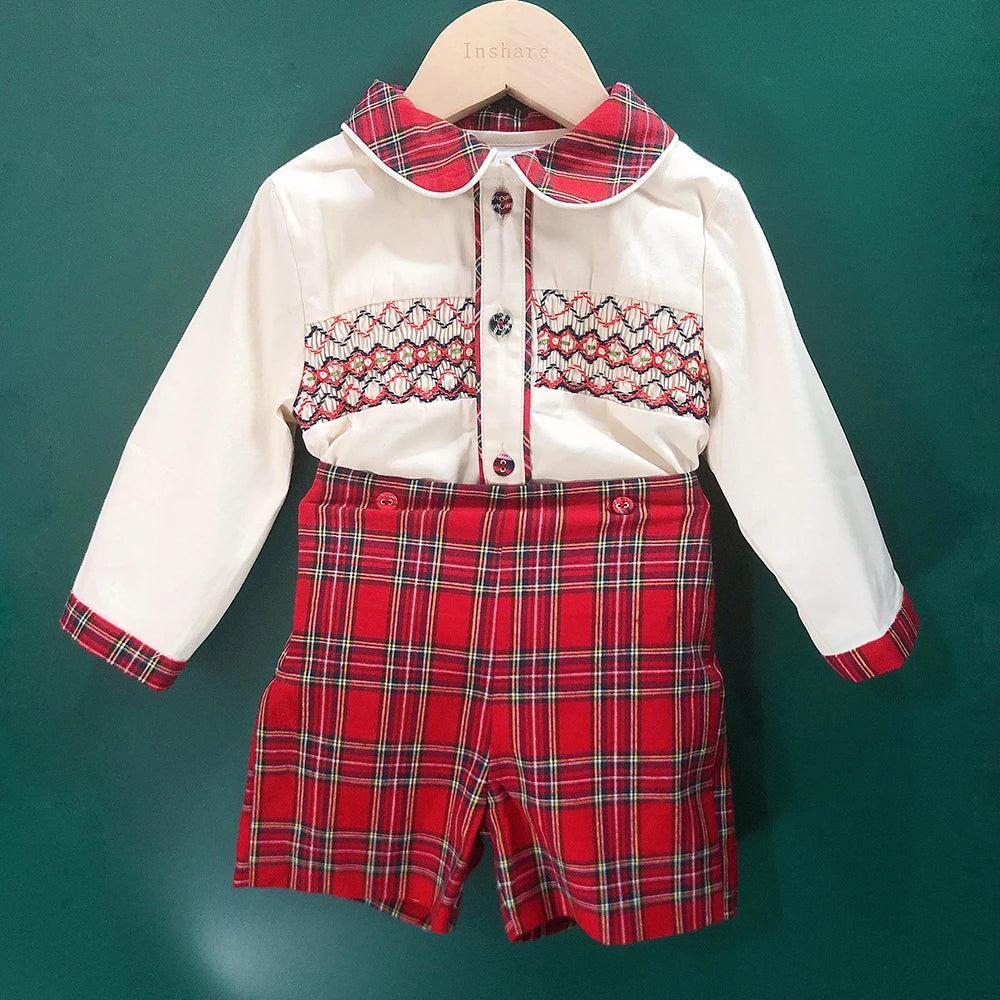 Children Holiday Clothing Boys and Girls Handmade Smocking Set and Dress Siblings Red Plaid Cotton Long Sleeve Holiday Outfits