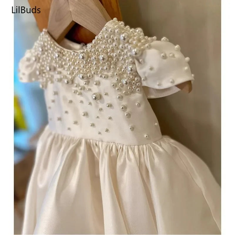 High End Handmade Baby Girl White Satin Dress Elegant Toddler Princess Dresses forCute Vestidos Birthday Party Wedding Clothes