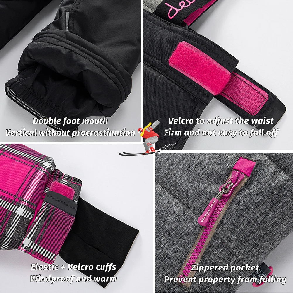 Children's Skisuits Boys Girls Winter Windproof Waterproof Warm Fleece Hooded Jacket Pants Skiing Suits Snowboarding Sports Wear