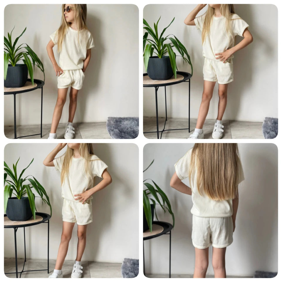 Children Clothing Set Korean Style Boys and Girls Short Sleeve Waffler Suit Muslin Baby Casual Kids Simple Solid Color Two Piece