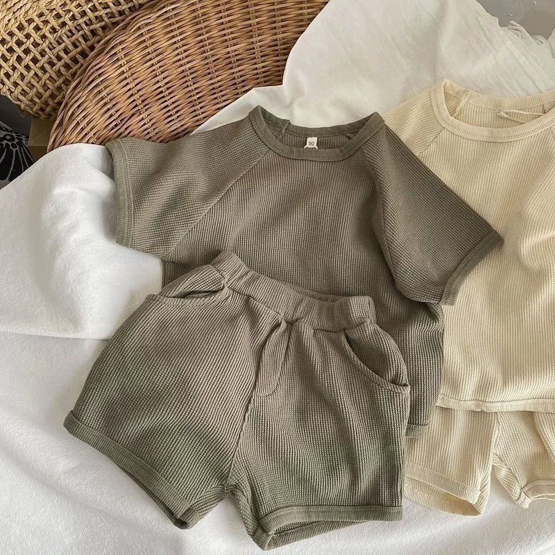 Children Clothing Set Korean Style Boys and Girls Short Sleeve Waffler Suit Muslin Baby Casual Kids Simple Solid Color Two Piece
