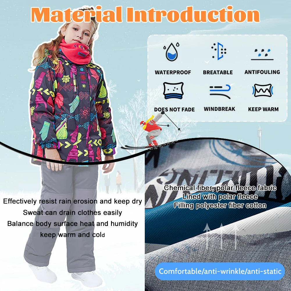 Children's Skisuits Boys Girls Winter Windproof Waterproof Warm Fleece Hooded Jacket Pants Skiing Suits Snowboarding Sports Wear