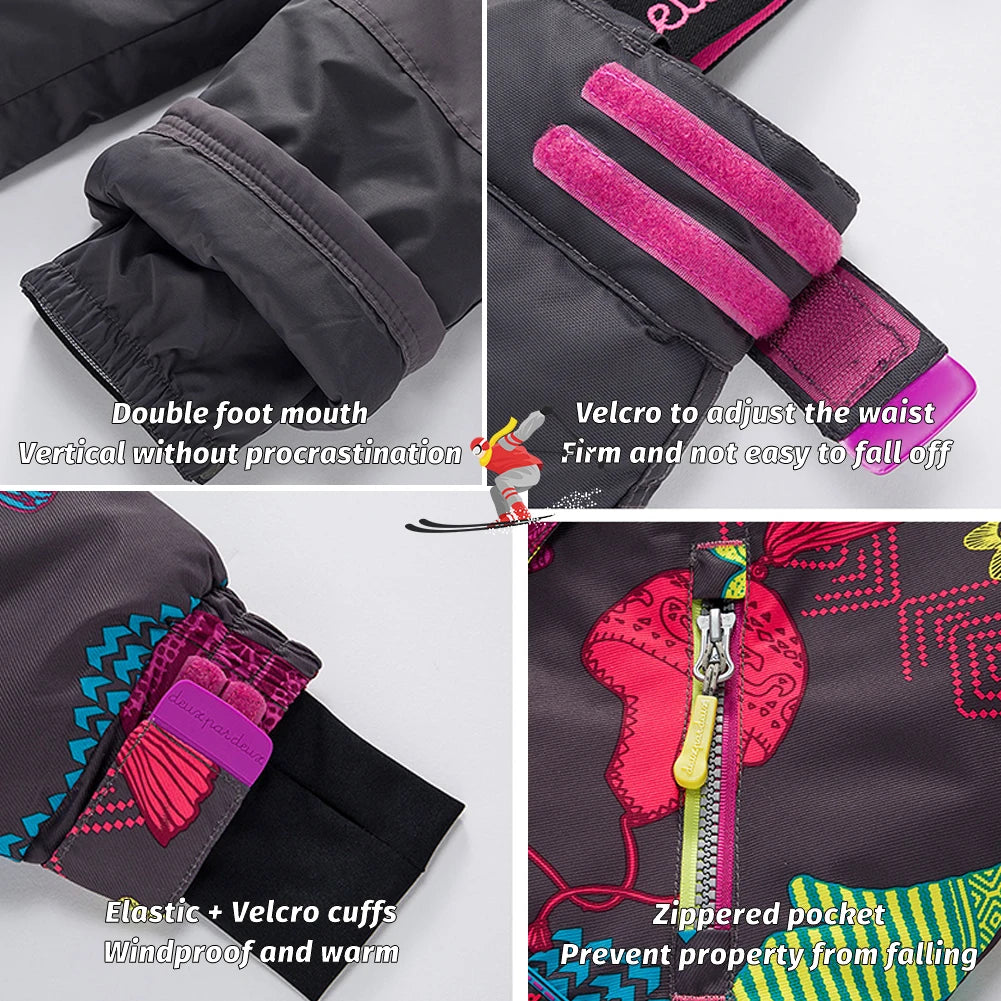 Children's Skisuits Boys Girls Winter Windproof Waterproof Warm Fleece Hooded Jacket Pants Skiing Suits Snowboarding Sports Wear