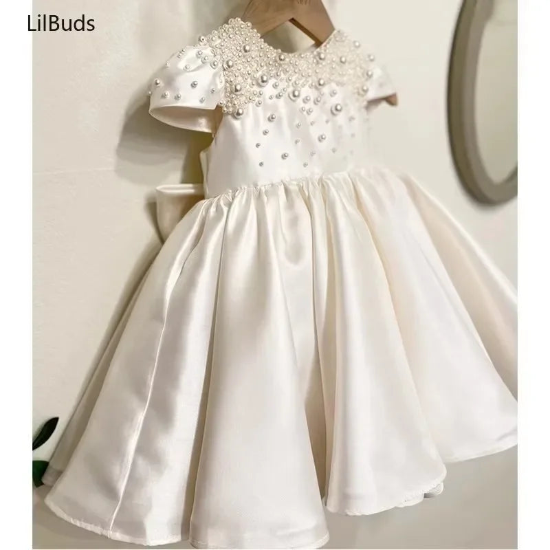 High End Handmade Baby Girl White Satin Dress Elegant Toddler Princess Dresses forCute Vestidos Birthday Party Wedding Clothes