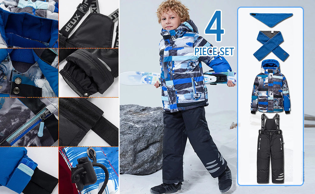 Children's Skisuits Boys Girls Winter Windproof Waterproof Warm Fleece Hooded Jacket Pants Skiing Suits Snowboarding Sports Wear